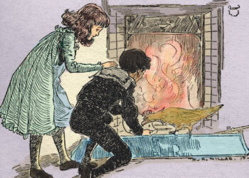 The Phoenix and the Carpet by Edith Nesbit. 'It looked at the page which Robert, kneeling down, spread out in the fender'. Illustration by Harold Robert Millar, 1903. EN: English author and poet, 15 August 1858 - 4 May 1924. HRM: British artist, 1891-1935.  (Photo by Culture Club/Getty Images)